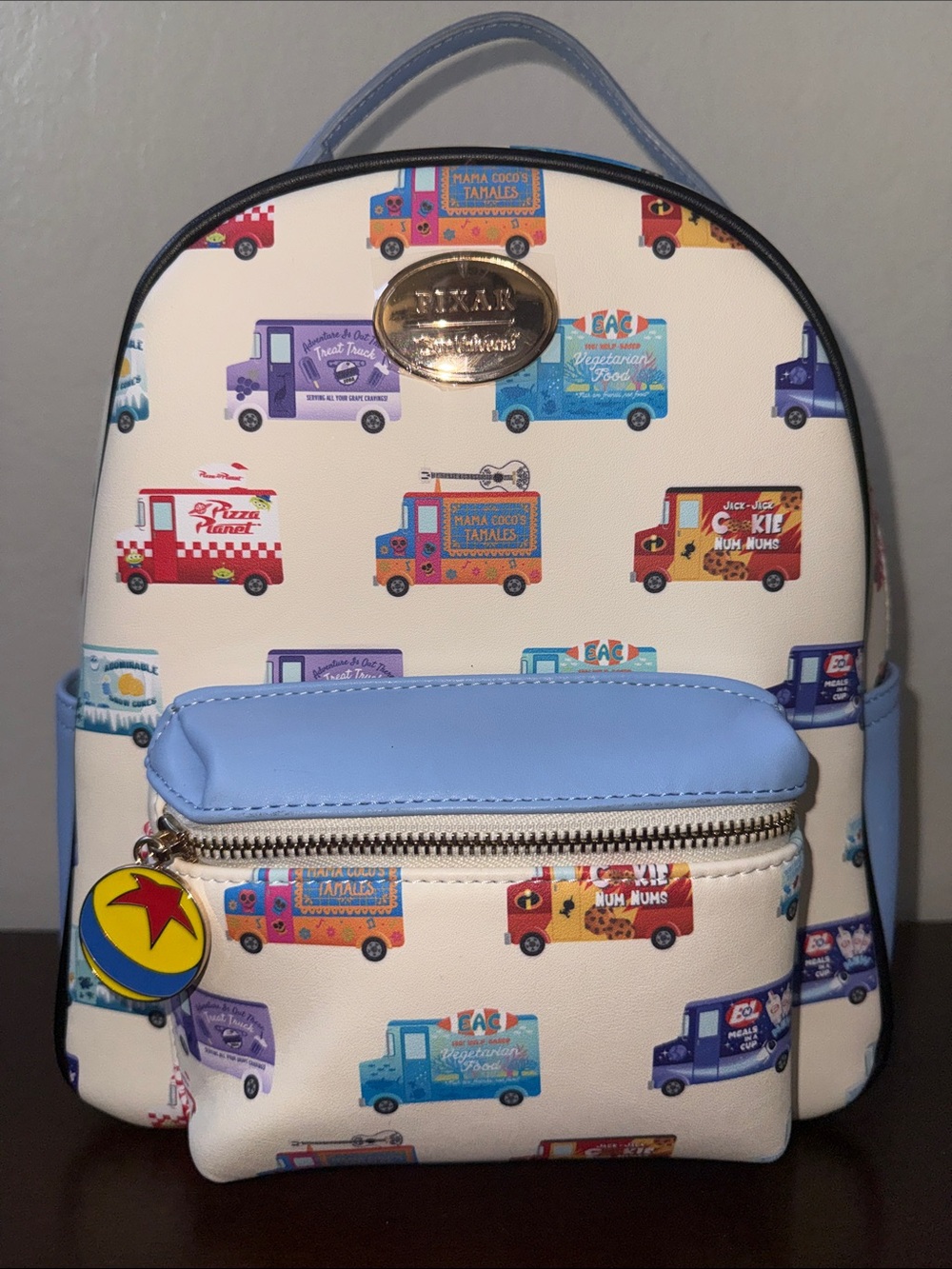 Loungefly White Mini Backpack with Blue Trim and Multicolor Food Truck Print